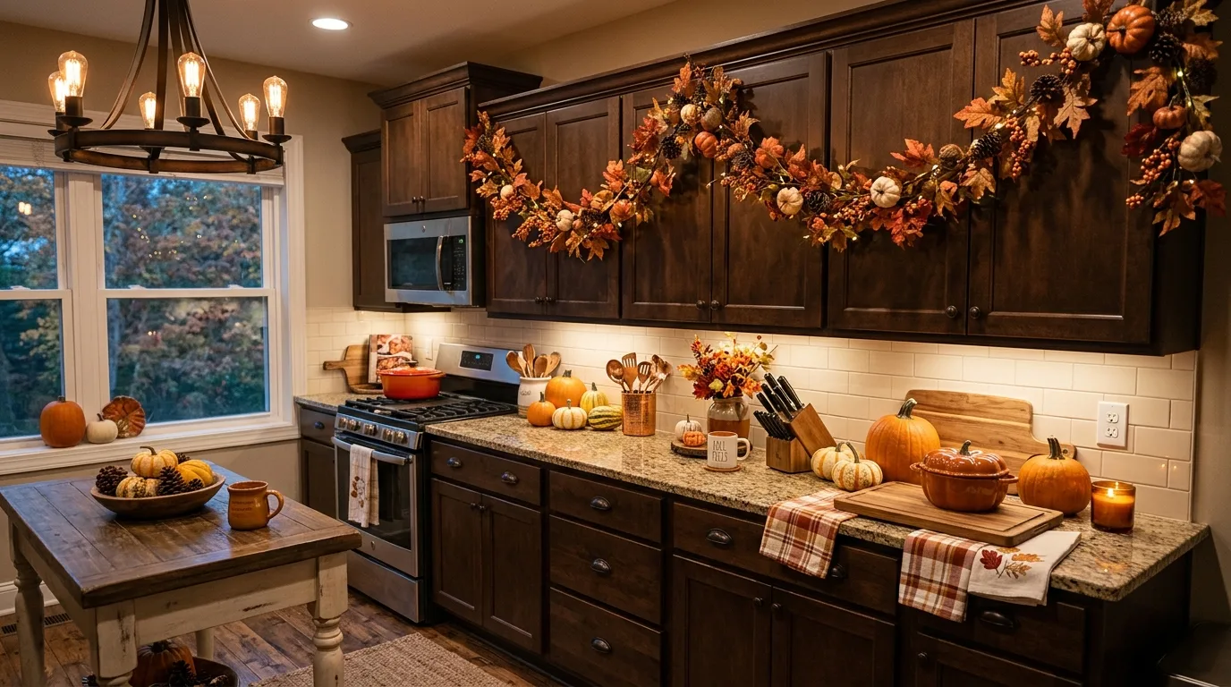 Kitchen decorated with a hanging fall garland